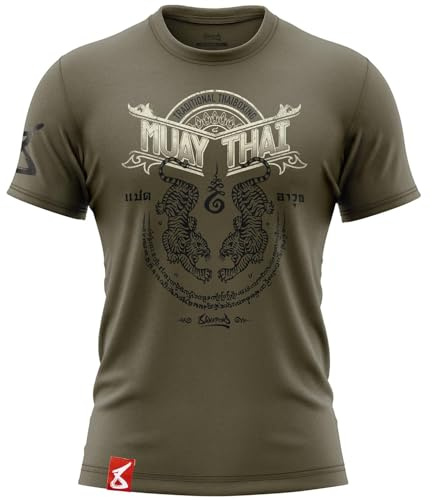 8 WEAPONS T-Shirt Sak Yant Tigers, Olive, Größe L, Muay Thai T-Shirt für Sport und Freizeit, 100% Baumwolle, Langlebig, Shirt für Fitness, MMA, K1, Boxen, Thai Boxen und Kickboxen