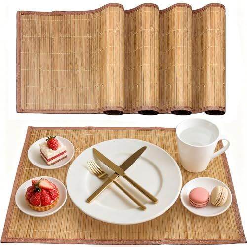 YANGUN Set di 4 tovagliette in bambù, 45 × 30 cm tovaglietta americana, tovagliette lavabili resistenti al calore, lavabili, arrotolabili, per tavolo da pranzo(Marrone)