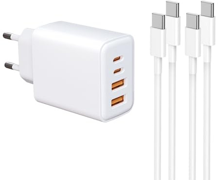 Cargador USB-C con cable C-C de 1,2 m y 2 m, 4 puertos con USB-C y USB-A, 40 W, carga rápida adaptador de alimentación para teléfono 17/16/15/14/14/12/11/XS, G alaxy, lPad, teléfonos