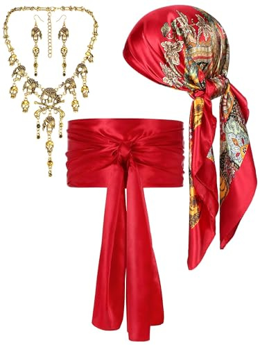 IHLOOTD Piratenkostüm Zubehör Set 4 Stück Pirate Accessories Damen Piratenkopftuch Halskette Hüfttuch Totenkopf Ohrringe für Piraten Zubehör Verkleidung, Karneval Party Kostüm, Halloween, Cosplay