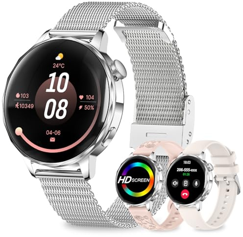fitonyo Smartwatch Damen mit Telefonfunktion,1.27 HD 3D-gebogener Bildschirm Smartwatch Damen,3 Armbänder,120 Sportmodi,IP68 Fitnessuhr,Android & iOS (Silber)