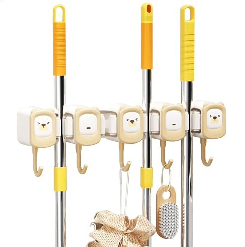 Soporte Escobas Pared, Colgador Escobas y Fregonas, Sujeta Escobas, Autoadhesivo, con 5 Ganchos, Capacidad para 4 Escobas, No es Necesario Taladrar, para Jardines, Garajes, Cocinas y Soportes