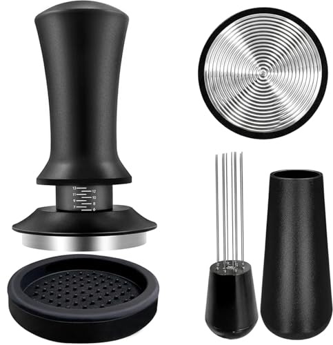Aiyraa 54mm Spring-Loaded Tamper Set | 304 Tamper with Scale Adjustment, Tamping Base, WDT Distribution Tool, Espresso Barista Coffee Machine Accessories Set,
