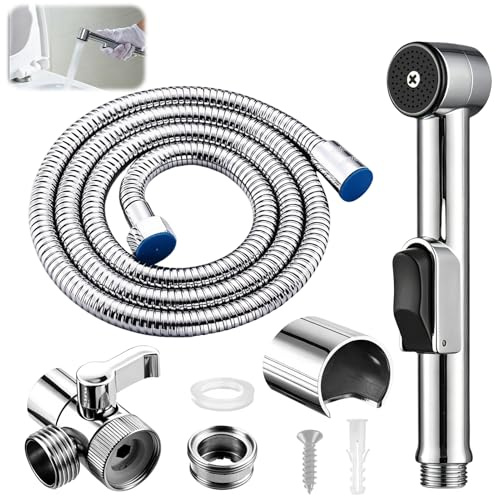 Auravale Handheld Bidet Sprayer Kit Stainless Steel for Bathroom Silver | Toilet Shower Douche for Cleaning Personal Hygiene Pet Bath Feminine Wash Baby Diaper Washer with Hose Sink Faucet Diverter