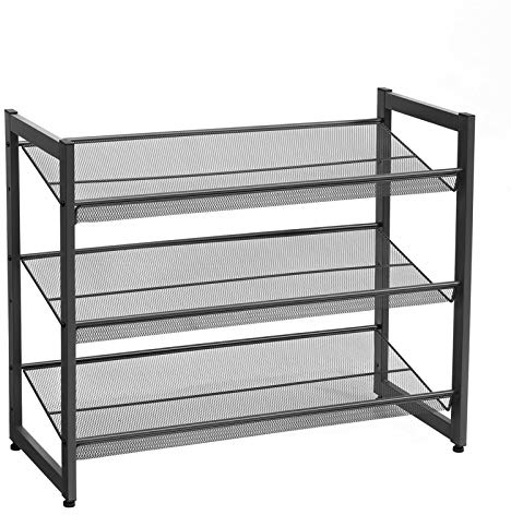 SONGMICS 3 Ebenen Metall-Schuhregal, Meshregal, verstellbare Ablage flach oder abgewinkelt Regalböden, stapelbares Lagerregal für Flur, Eingangsbereich, 74 x 62,8 x 30,7 cm, schwarz, LMR03B