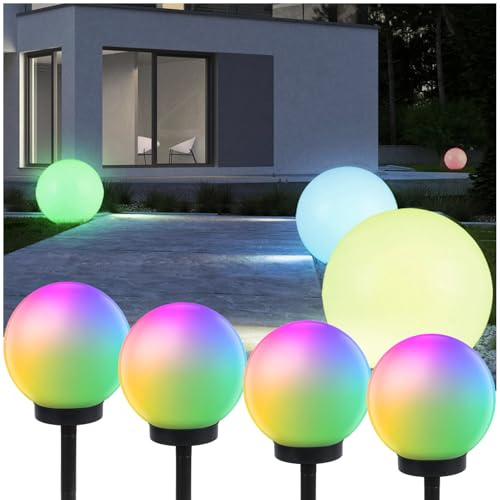 Green Blue GB165 4 x utomhus solarlampa, solboll, solcell, LED-lysande kula, trädgårdsbelysning, olika lysande färger (färg, 4 stycken – 25 cm)