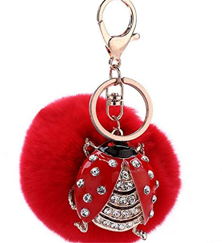 Canarea Keychain plüsch ball Schlüsselanhänger Pompom Taschenanhänger strass bommel Elegant Plüsch-Kugel Auto-Anhänger Weich Schlüsselring Käfer mit Strass (Rot)