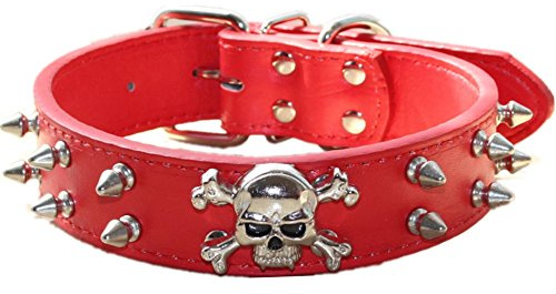 haoyueer Spiked Leather Dog Collar - 2 Rows Bullet Rivets Studded PU Leather - Cool Skull Pet Accessories for Medium and Large Dogs(Red,L)