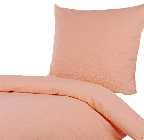 Hans-Textil-Shop Seersucker Bettwäsche Apricot 155x220 + 80x80 cm – bügelfreie Bettwäsche Baumwolle mit Reißverschluss, atmungsaktiv & pflegeleicht