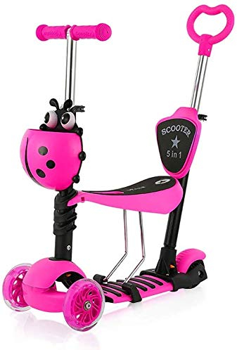 YOLEO 5-in-1 Kinder Roller Scooter mit Abnehmbarer Karikaturkorb Sitz Schubstange Große Räder Bequeme Rückenlehne Höheverstellbare Lenker für Kleinkinder Jungen Mädchen ab 2 Jahre (Rosa)