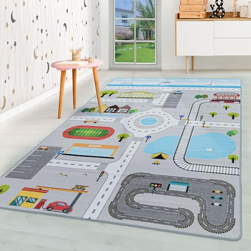 HomebyHome Kinderteppich Grau 80x120 cm Straßenteppich Modern rutschfest Waschbar Pflegeleicht Extra Weich Antiallergen Babyteppich Kinderzimmer Jungen Mädchen