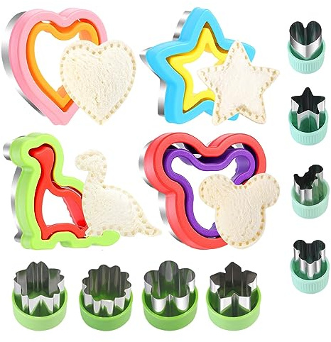 Elfkitwang Sandwich Cutter and Sealer Set (12Pcs),Dinosaur&Heart&Star Sandwich Bread Cookie Cutters -Child Food Grade Vegetable Cookie Mould