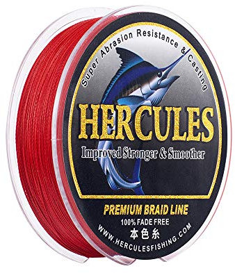 HERCULES Farbechte Geflochtene Angelschnur, 2000m PE Geflochtene Schnüre, 4 Stränge Multifile Angelschnur, 90lb Test für Salzwasser und Süßwasser, Rot, 90lb, 2000m