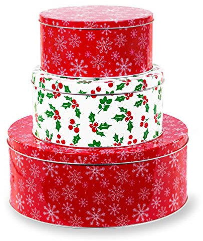 Steel Mill & Co Tin Containers with Lids, 3 Pack Christmas Cookie Tins, Festive Cookie Tins for Gift Giving & Holiday Treats, Round Metal Nesting Containers, Large Medium Small, Snowflake & Holly