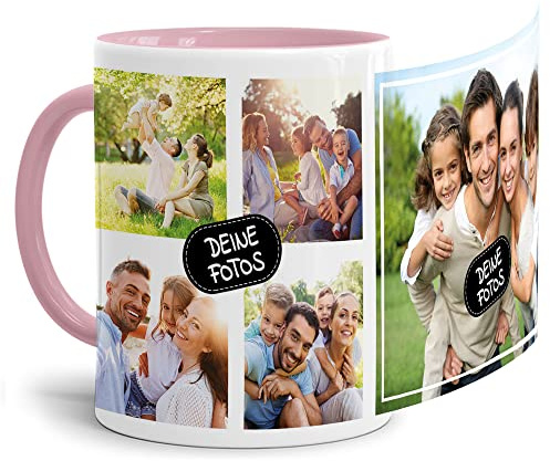 Foto-Tasse zum selbst gestalten mit Foto-Collage für 5 Wunschfotos - Geschenk für Familie, Freunde, Geburtstag, Weihnachten - Keramik Innen & Henkel Rosa, 300 ml I Personalisiert