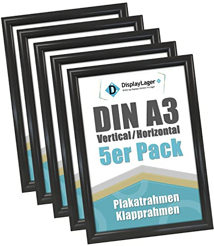 DisplayLager 5'er Sparpack Schwarz DIN A3 Klapprahmen mit 25mm Aluminium Profil, Entspiegelter Schutzscheibe, Befestigungsmaterial…