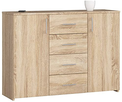 AKORD Kommode K45 110 cm | mit 2 Türen und 4 Schubladen | Schrank | für das Wohnzimmer | für das Schlafzimmer | B110 x H80 x T35 cm | Gewicht 48,00 kg | Sonoma Eiche