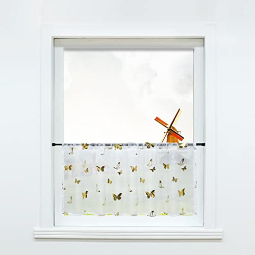 CORLIF Scheibengardine mit Tunnelzug Küche Voile Bistrogardine Transparente Gardine für Kleinfenster mit Schmetterling Druck Gold H/B 60/120 cm 1 Stück