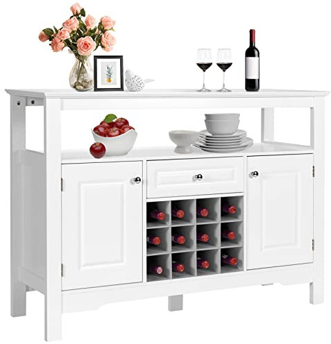 GOPLUS Sideboard mit Weinregal, Küchenschrank mit Offenem Regal, 1 Schublade & 2 Türen, Beistellschrank für Wohnzimmer, Küche & Esszimmer, 117 × 40,5 × 85,5 cm (White)