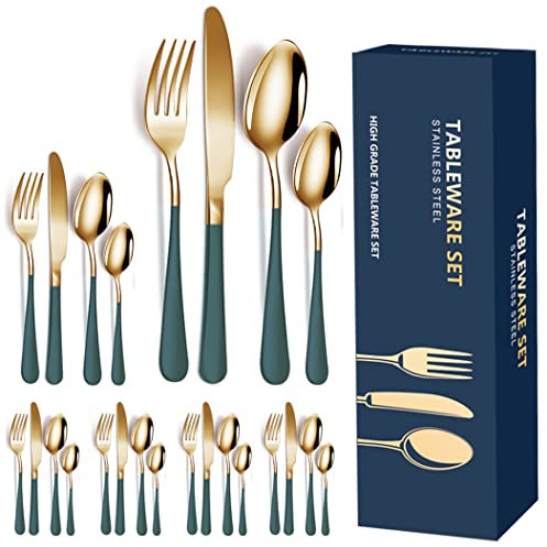 XIAOYU 24 Piece Everyday Flatware, Stainless Steel Silverware Set, Classic Cutlery Set for Home/Restaurant, Service for 6, Matt Handle, Green