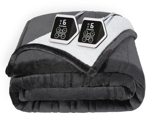 Westinghouse Heated Blanket King Size, Soft Flannel to Sherpa Electric Blanket with 10 Heating Levels, 1-12 Hours Auto Shut Off, Fast Heating, Machine Washable, 100x90 Inch, Charcoal