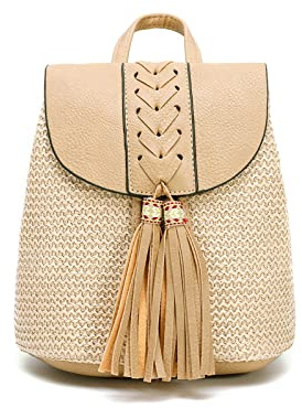 NICOLE & DORIS Damen Kleine Rucksack Stroh Rucksack Sommer Strandtasche Mode Rucksäcke Kordelzug Schultertasche Casual Daypack Reiserucksack Tagesrucksack mit Quasten Khaki
