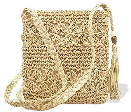 DUGEHO Straw Damen Einschulter Strohtasche Umhängetasche,Sommer Vintage Strandtasche mit Quaste Strand Stroh Handtasche Crossbody für Frauen Reisen Urlaub Freizeit Geflochten Tasche（Off-weiß）