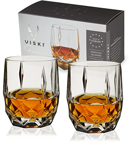 Viski Reserve Bruno Cocktail Glasses - Crystal Whiskey Glasses or Rocks Glasses - Ornate Cut Crystal Glasses 11oz Set of 2