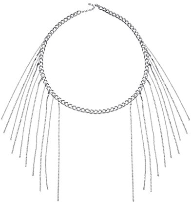 Stfery Bauchkette Silber Strass, Bauchkette Rave Silber Taillenkette Sexy Lange Kettenquaste Körperkette 90cm Legierung