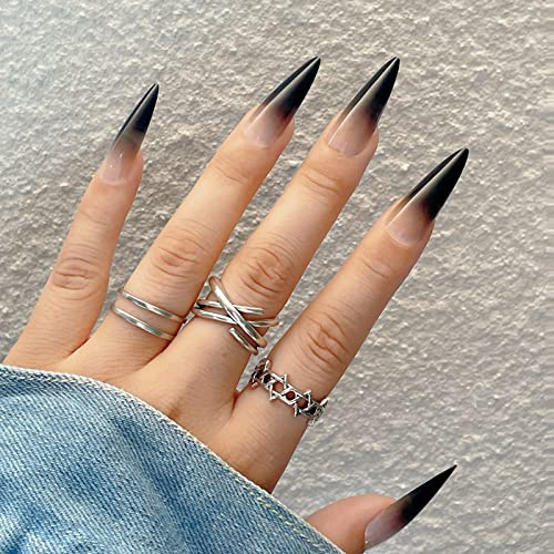 JUSTOTRY 24 Stück Schwarz Stiletto Nägel Zum Aufkleben Lang Motiv,Gradient French Press on Nails,Mandel Künstliche Nägel,Spitz Fingernägel Fake Nails für Frauen Nail Art