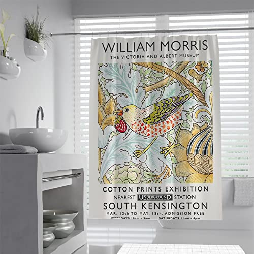 BYLEEHOMED William Morris konst duschdraperi djur blommor och fåglar badrumsgardiner badkar dekoration med krokar och vattentät och tvättbar design 90 x 180 cm