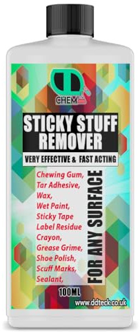 DD Teck Sticky Stuff Remover chewing gum, sticky labels multi-surface adhesive remover wood wax, glass, metal, tiles, painted surfaces, grease, tar glue, wax, crayon & much more (100ML CAP)