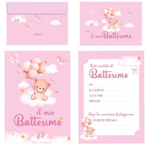20 Pz Inviti Battesimo Bimba con Buste Il Mio Battesimo Orsacchiotto Rosa Originali – 20 Biglietti e 20 Buste Inviti Battesimo Bambina – Invito Partecipazione Kit Set per Festa Originale