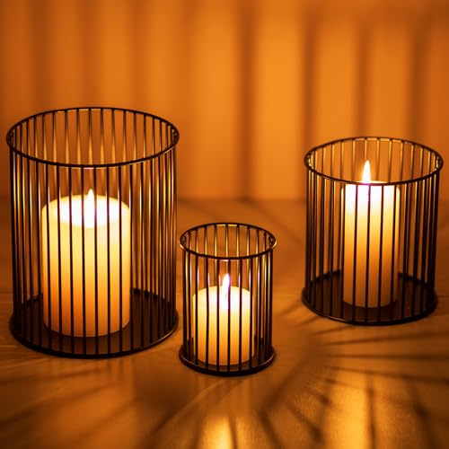 Sziqiqi Kerzenständer Schwarz Kerzenhalter 3er Set, Windlicht Schwarz Metall Laterne Dekorative Kerzenleuchter für Stumpenkerzen für Weihnachten Halloween Tisch Mittelstücke