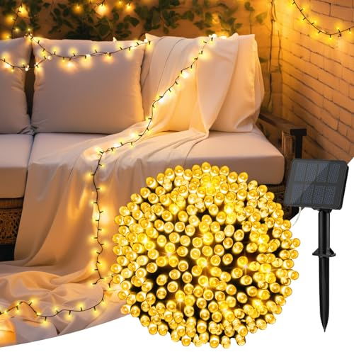 cshare Luci Solari da Esterno, 12M 120 LED Luci Solari da Esterno Bianco Caldo IP65 Resistente alle Intemperie 8 Modalità per giardino terrazza cortile festa albero di Natale finestra