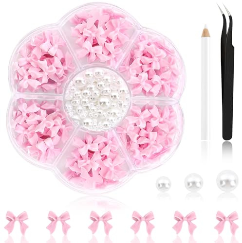 NACHLYNN 630 Stück Nagelanhänger mit Schleife Rosa Schleife 3D Süße Nagelanhänger Flache Rückseite Weiße Perlen mit Flacher Schleifenknoten Nagelstecker Strasssteine für Nägel DIY Kunsthandwerk