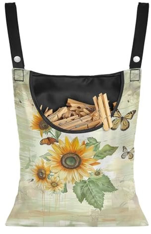 CREAMIC Borsa per mollette da bucato con girasoli e farfalle, per stendibiancheria, per esterni, con gancio per appendere le mollette da bucato, impermeabile, per esterni