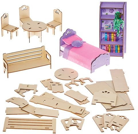 Baker Ross FN272 Bauen Sie Ihre eigenen Puppenhausmöbel – Packung mit 7 Teilen, Kinder-Puppenhaus-Bausatz, Mini-Möbelbausatz