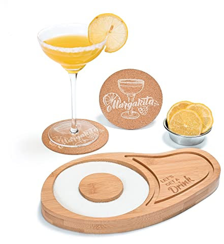 Donmills Margarita Salt Rimmer Set with Coasters, Margarita Glass Rimmer for Cocktails Bamboo Sugar and Salt Rimmer for Drinks, Tequila Gifts for Men Margarita Kit Bar Tools for 4.7 Margarita Glasses