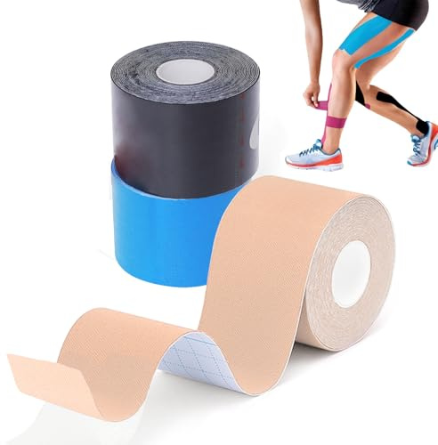 Kinesiologie Tape - 3 Rollen (5cm x 5m) Kinesiotape - Profi Physio Tape und Sporttape - wasserfeste & Hautfreundliche Sport Tapes,Atmungsaktiver Komfort mit einer Klebekraft, die 4–7 Tage anhält