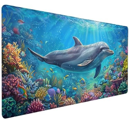 BEIJUYHU Mauspad XXL, Gaming Mauspad 700x300x3 mm, Großes Mauspad mit Genähten Kanten, rutschfeste Desk Mat, Verlängertes großes Mauspad Schreibtischauflage für Büro und Zuhause Koralle Delphin Q - A