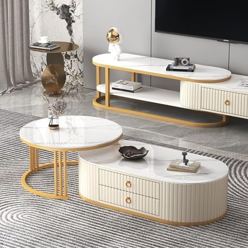 JFUNANQH Satztisch-Couchtisch, 2er-Set, moderner Tisch mit Metallrahmen, Beistelltischplatte, Stabiler Balkon-Beistelltisch für kleine Wohnzimmer (Farbe: Gold+Weiß, Größe: Groß)