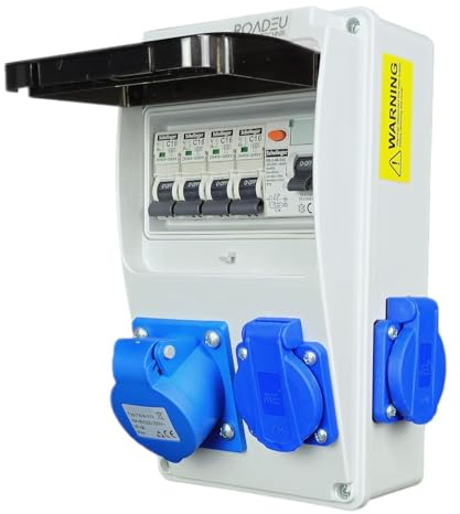 RoadEu - Distributeur de courant 230V. Prise monophasée CEE 16A 3P et 3 prises 230V avec disjoncteur automatique 16A et disjoncteur différentiel. Parfait pour un atelier, une remise ou un jardin.