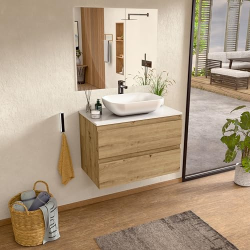 BELLOBATH Mueble Baño Suspendido 80 cm Roble/Blanco, Lavabo y Espejo