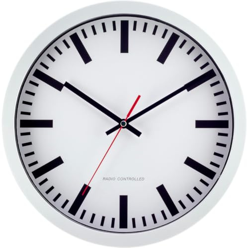 53830-00-Eurotime Funkwanduhr 30cm Durchmesser klares Bahnhofzifferblatt, Kunststoffgehäuse schwarz und Echtglas, Zeigersatz schwarz und Sekunde rot