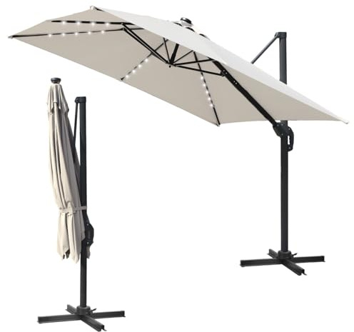 Tubiaz Ampelschirm Solar LED Sonnenschirm 300 x 300 cm Groß Gartenschirm mit Kurbe 360° Drehbar und Kippbar,Terrassenschirm Sonnenschutz UV50+ Aluminium Marktschirm für Garten,Terrasse,Beige