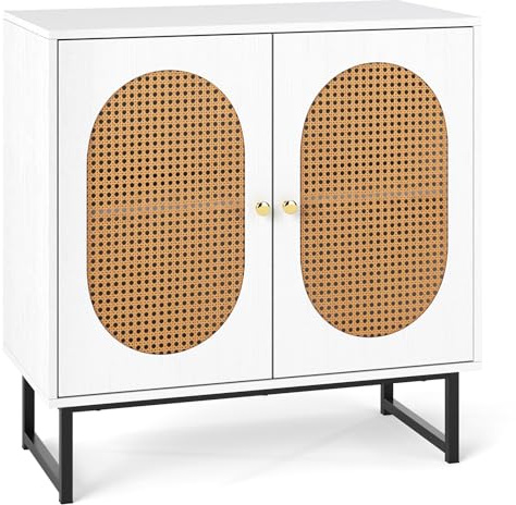 TANGZON Storage Cabinet, Rattan Buffet Sideboard with 2/4 Doors, 1/2 Adjustable Shelves & Metal Legs, Wooden Kitchen Cupboard Unit for Dining Living Room Hallway (2 Doors, 80x40x81cm, White+Natural)