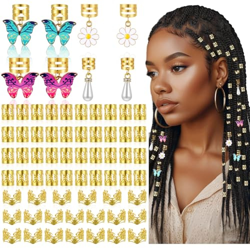 68pcs Gold Hair Cuffs Charms Rings for Braids, Gold Hair Jewellery Clips Accessories for Braids, Adjustable Dreadlock Accessories Braid Clips Jewelry for Men Women Festival