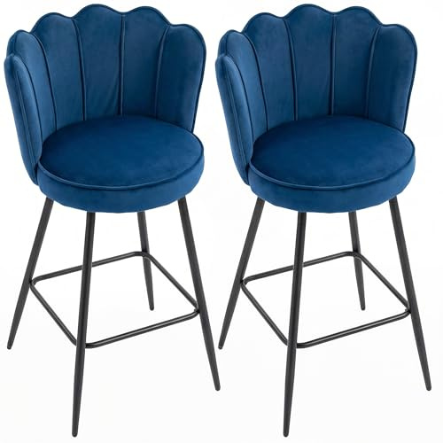 HOMCOM Barhocker 2er Set, moderne Samt-Barhocker mit Blütenblatt-Rückenlehne und Fußstütze, gepolsterte Frühstücks-Barstühle mit Metallbeinen für Kücheninsel-Theke, Esszimmer, dunkelblau