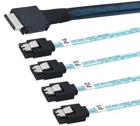 AoQhir OCuLink Câble serveur PCIe SAS SFF-8611 4i vers 4X SATA 7P — Câble de connexion interne plat à plat haut débit 12 Gbit/s 32 AWG, bleu (0,5 m)